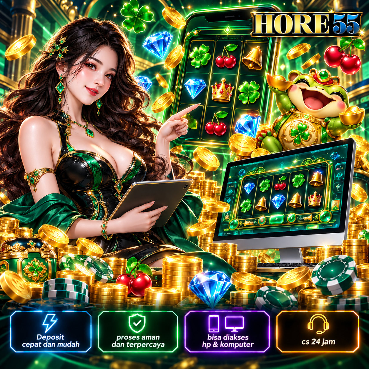 Banner ilustrasi HORE55: koleksi hiburan digital dengan nuansa warna cerah dan perangkat game