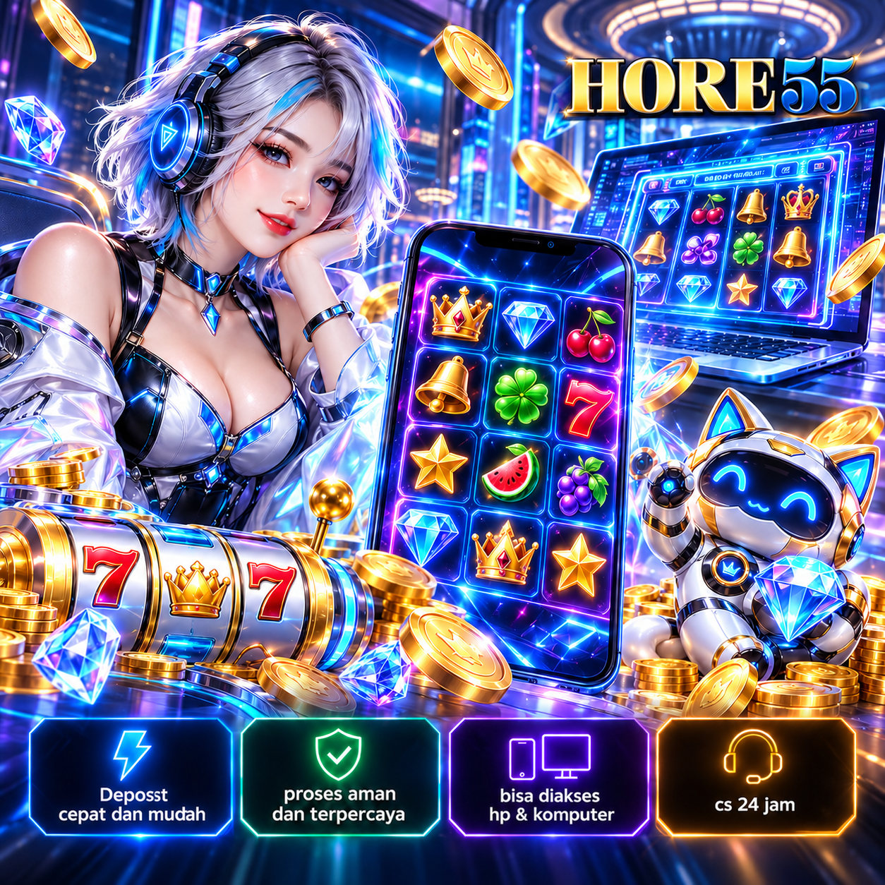 Banner ilustrasi HORE55: koleksi hiburan digital dengan nuansa warna cerah dan perangkat game